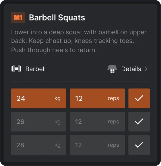 Real-time workout logging tracking weight, reps, and muscles trained