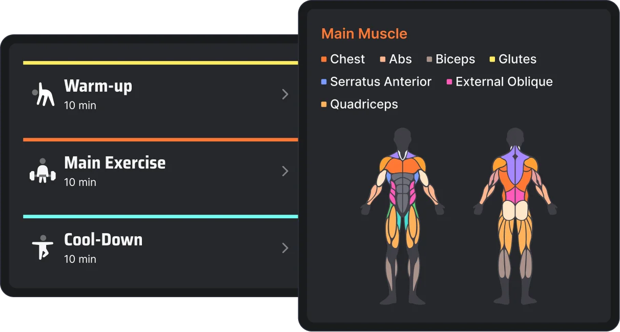 Structured workout with warm-up, main sets, cooldown, and muscle map visualization